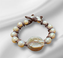 Load image into Gallery viewer, Women’s Natural Freshwater pearls on genuine hand rolled leather bracelet

