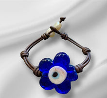 Load image into Gallery viewer, Women’s Flower Evil eye 🧿 on genuine hand rolled leather bracelet
