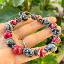 Load image into Gallery viewer, Women’s Natural Obsidian and Jasper on genuine leather Mala style bracelet
