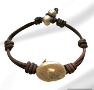 Women’s Natural Coin Pearl on genuine hand rolled leather bracelet