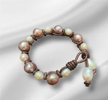 Load image into Gallery viewer, Women’s Natural Lavender and White pearls on genuine hand rolled leather bracelet
