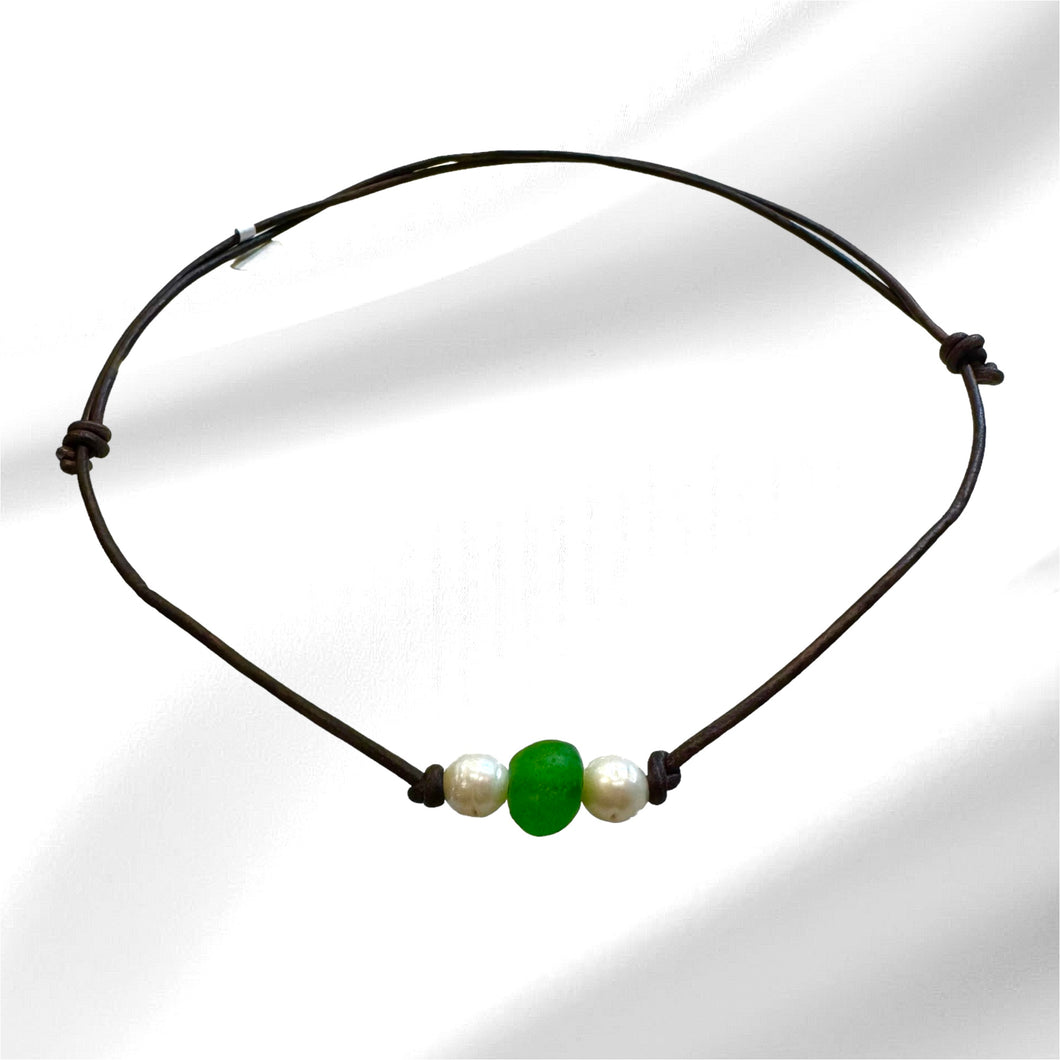 Women's natural freshwater white pearl and green sea glass adjustable necklace on genuine hand rolled leather