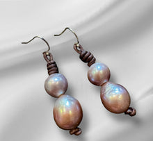 Load image into Gallery viewer, Women’s Natural Lavender Pearls on genuine leather and sterling silver earrings
