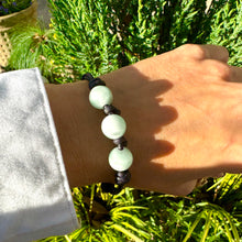 Load image into Gallery viewer, Women’s Natural Green Moonstone on genuine hand rolled leather Mala Bracelet
