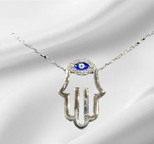 Load image into Gallery viewer, Women’s Hamsa Evil Eye adjustable sterling silver necklace

