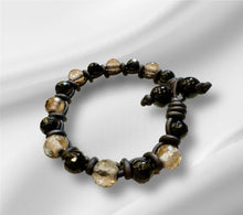 Load image into Gallery viewer, Women’s Natural Smoky Quartz and Onyx on genuine leather protection Mala bracelet
