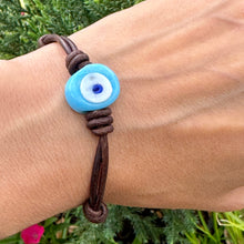 Load image into Gallery viewer, Women’s Evil eye on genuine hand rolled leather adjustable bracelet
