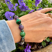 Load image into Gallery viewer, Natural Amethyst, Labradorite, Tigers eye and Smoky Quartz on genuine leather Personal Power Mala bracelet
