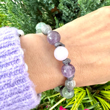 Load image into Gallery viewer, Women’s Natural Fluorite, Labradorite and Rose Quartz on genuine hand rolled leather Mala Bracelet
