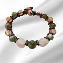 Load image into Gallery viewer, Women’s Natural strawberry quartz, rose quartz and labradorite on genuine leather bracelet
