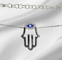 Load image into Gallery viewer, Women’s Hamsa Evil Eye adjustable sterling silver necklace
