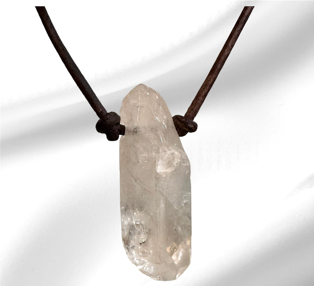Natural Clear Quartz on genuine hand rolled leather adjustable necklace