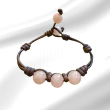 Load image into Gallery viewer, Women’s Natural Rose Quartz on genuine hand rolled leather Mala Bracelet
