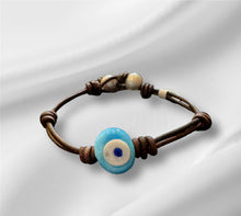 Load image into Gallery viewer, Women’s Evil eye on genuine hand rolled leather adjustable bracelet
