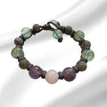 Load image into Gallery viewer, Women’s Natural Fluorite, Labradorite and Rose Quartz on genuine hand rolled leather Mala Bracelet
