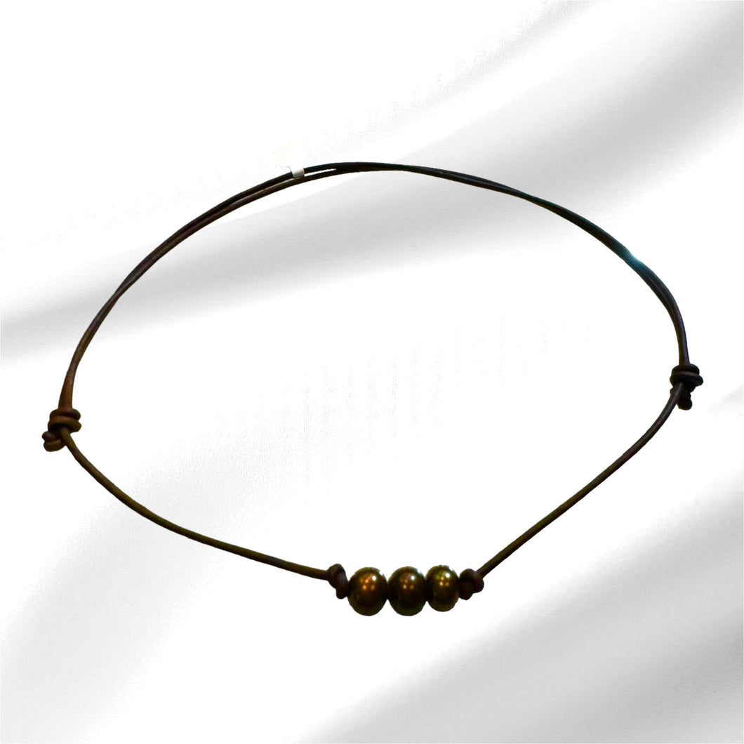 Women's copper color Natural Freshwater Pearl necklace on genuine hand rolled leather