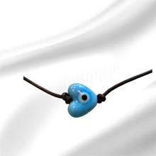 Load image into Gallery viewer, Women’s baby blue heart Evil eye on genuine hand rolled leather adjustable necklace
