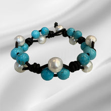 Load image into Gallery viewer, Women’s Natural Turquoise and Pearls on genuine leather bracelet

