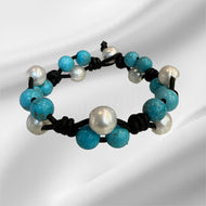 Women’s Natural Turquoise and Pearls on genuine leather bracelet