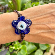 Women’s Flower Evil eye 🧿 on genuine hand rolled leather bracelet