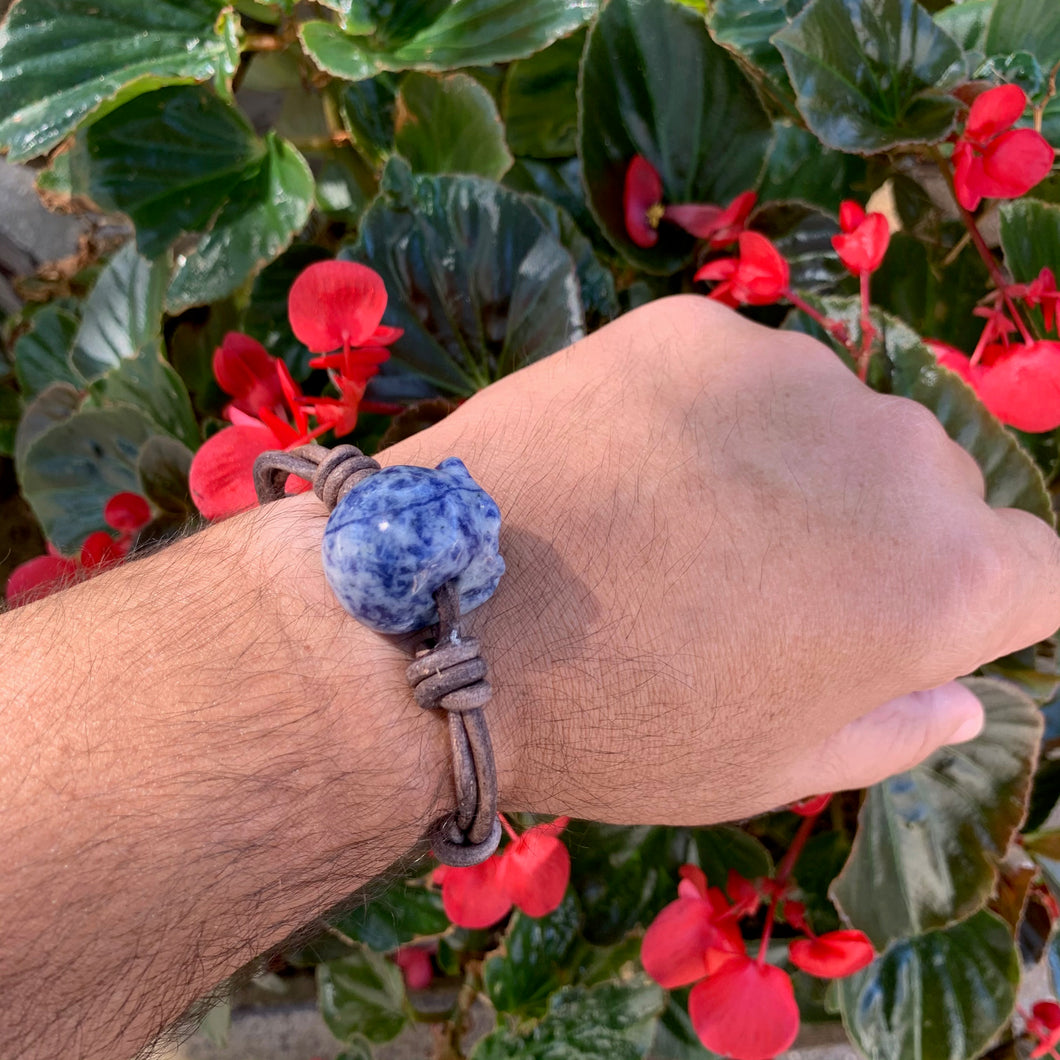 Men's Blue Sodalite with brown leather skull bracelet