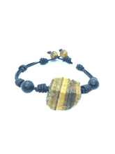 Load image into Gallery viewer, Men&#39;s natural rough Tigers Eye bracelet with onyx spheres and black leather
