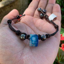 Load image into Gallery viewer, Men&#39;s polished blue lace agate, black pearls and brown leather bracelet
