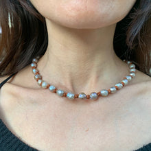 Load image into Gallery viewer, Women&#39;s silver high luster Kasumi pearls with light brown leather necklace
