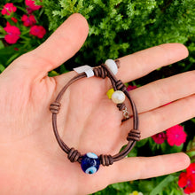 Load image into Gallery viewer, Women&#39;s round Evil Eye and fresh water pearls bracelet on genuine brown leather 🧿
