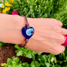 Load image into Gallery viewer, Women&#39;s Heart Shaped Evil Eye &amp; Fresh water pearls bracelet on genuine brown leather 🧿

