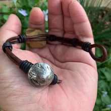 Load image into Gallery viewer, Men&#39;s natural Tiger eye bracelet with silver buffalo nickel clasp on brown/black leather
