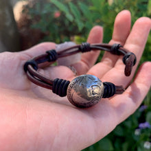 Load image into Gallery viewer, Men&#39;s natural amethyst bracelet with silver buffalo nickel clasp on brown/black leather
