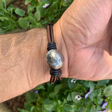 Load image into Gallery viewer, Men&#39;s natural Tiger eye bracelet with silver buffalo nickel clasp on brown/black leather

