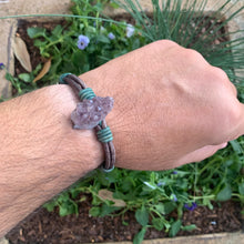Load image into Gallery viewer, Men&#39;s natural amethyst bracelet with silver buffalo nickel clasp and green/grey leather

