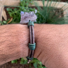 Load image into Gallery viewer, Men&#39;s natural amethyst bracelet with silver buffalo nickel clasp and green/grey leather
