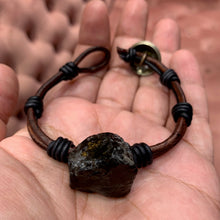 Load image into Gallery viewer, Men&#39;s natural obsidian bracelet with silver buffalo nickel clasp on brown/black leather
