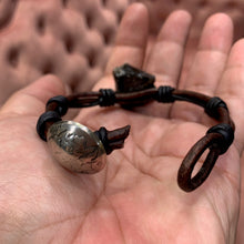 Load image into Gallery viewer, Men&#39;s natural obsidian bracelet with silver buffalo nickel clasp on brown/black leather
