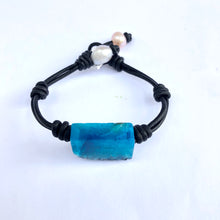Load image into Gallery viewer, Women&#39;s Blue Lace Agate bracelet with black leather
