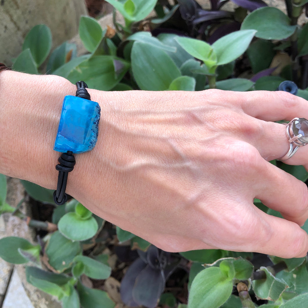 Women's Blue Lace Agate bracelet with black leather