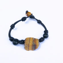 Load image into Gallery viewer, Women&#39;s Tigers Eye bracelet with onyx spheres and black leather
