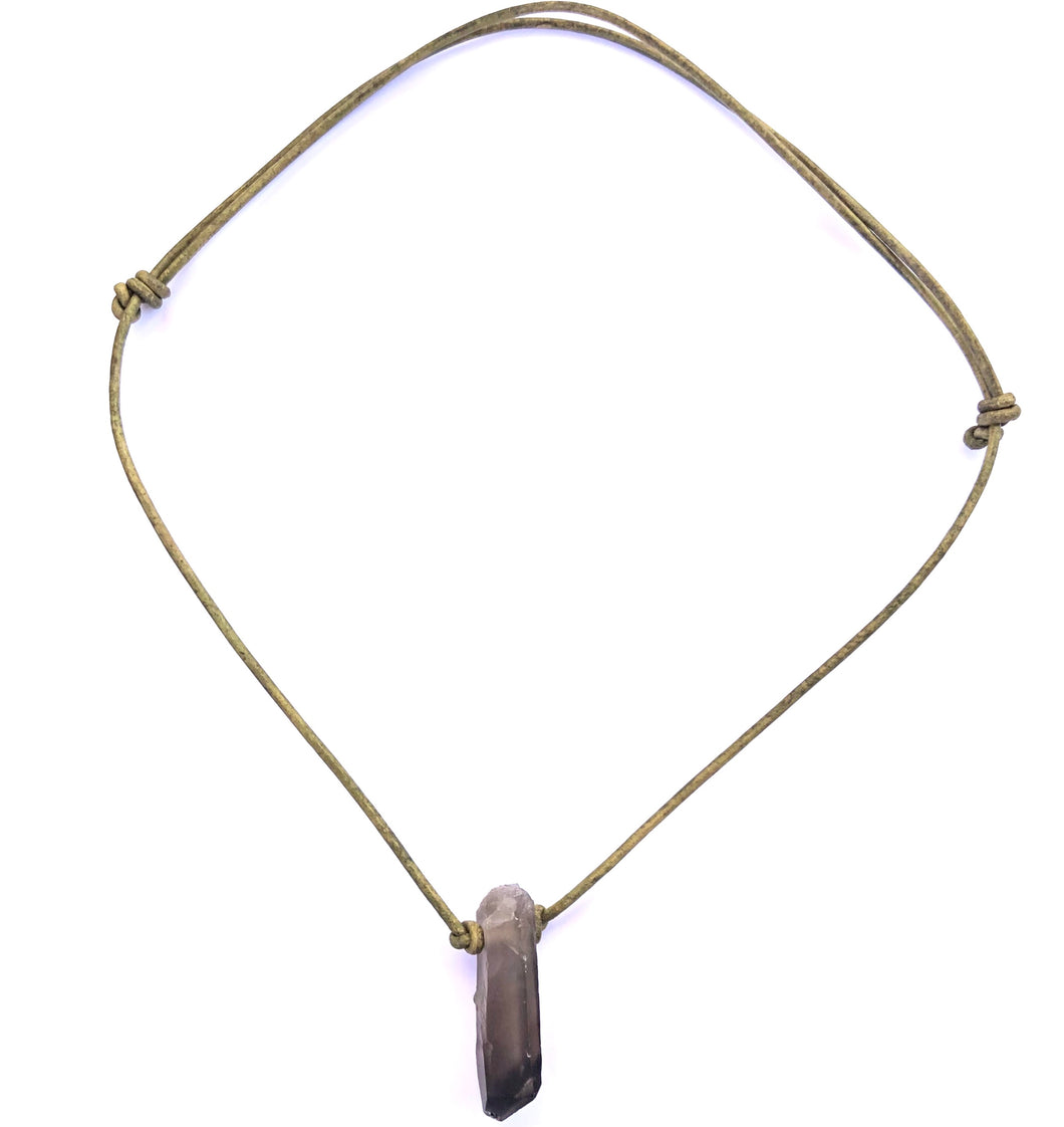 Women's smoky quartz with green leather necklace