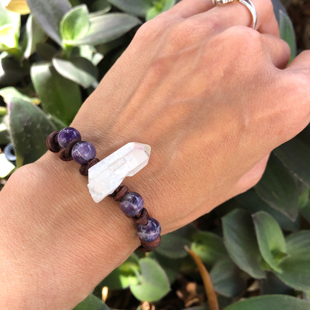 Women's amethyst and clear quartz on brown natural leather bracelet