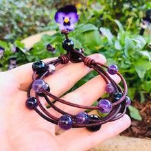 Load image into Gallery viewer, Women&#39;s Natural Amethyst and Black Onyx on genuine dark brown leather bracelet
