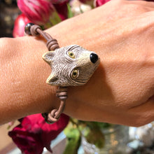 Load image into Gallery viewer, Women&#39;s porcelain wolf and natural pearls on genuine antique grey leather bracelet
