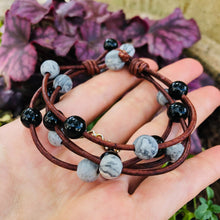 Load image into Gallery viewer, Women&#39;s grey leopard Jasper and black Onyx on antique brown genuine leather bracelet
