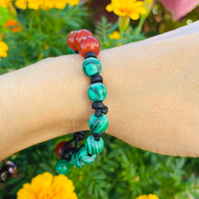 Load image into Gallery viewer, Women’s natural Malachite and Carnelian on genuine leather Mala style bracelet

