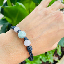 Load image into Gallery viewer, Women’s Natural Moonstone and Rose Quartz on genuine leather Mala style Bracelet
