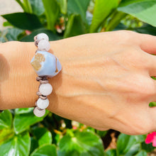 Load image into Gallery viewer, Women’s Natural Blue Lace Agate, Moonstone and Rose Quartz on genuine leather Mala style bracelet
