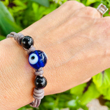 Load image into Gallery viewer, Women’s Natural Black Onyx and Evil Eye on genuine leather bracelet

