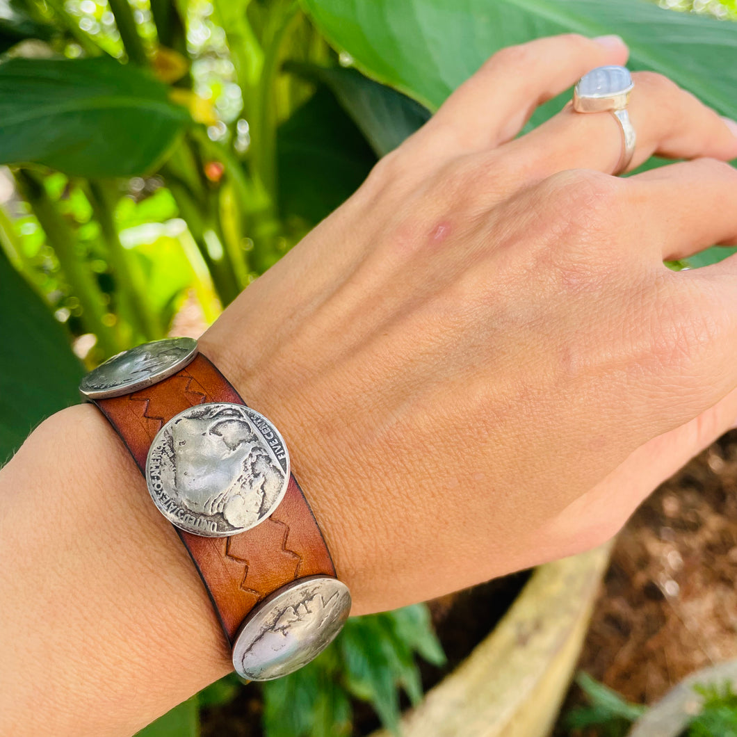 Women's antique Silver Indian/Buffalo Nickel coins on genuine natural leather bracelet